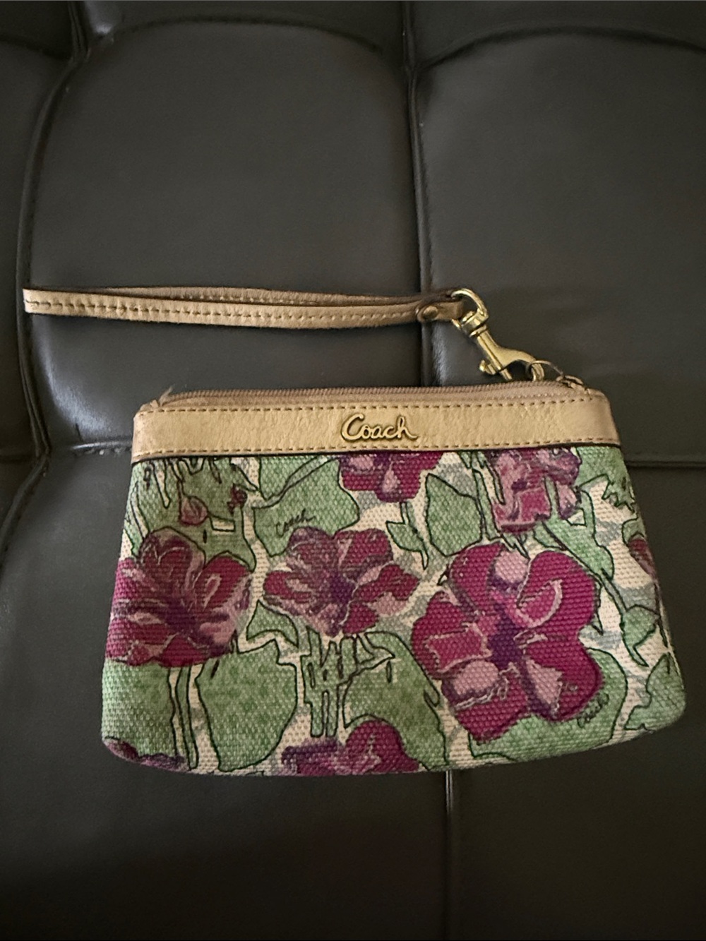 Coach Floral Canvas Wristlet in Pink and Green with Tan Trim